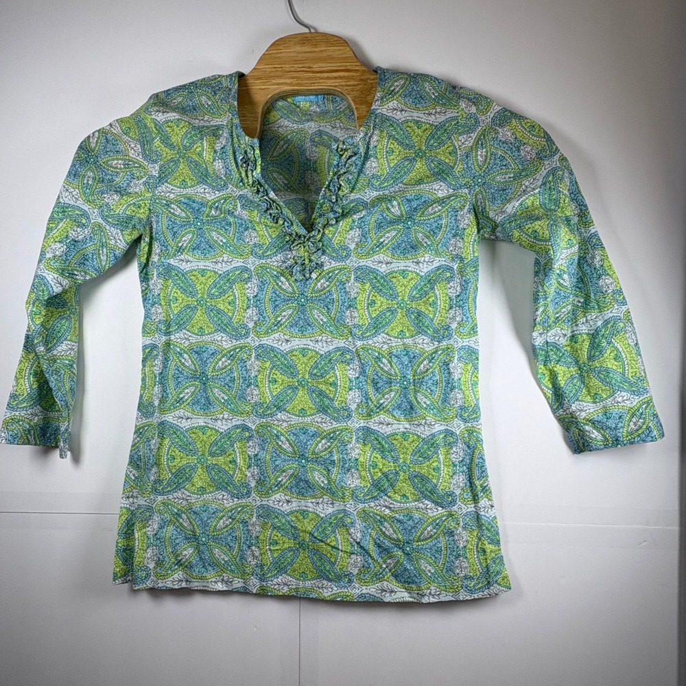 J. McLaughlin‎ Women's Catalina Cloth Split Neck Printed Stretch Tunic Top Sz Sm